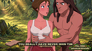 Jane and Tarzan first contact as he explores a woman's naked body