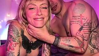Horny tattooed blonde slut suck and ride two big white cocks