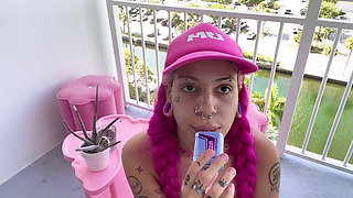 Bimbo Vaping in Your Face Smoke Clouds Outdoors Balcony Vape