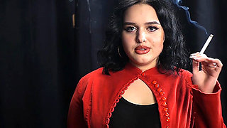 Curvy Brunette Smoking in Red Cardigan