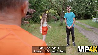 Tiny Nerdy Gal Cucks BF, Pleasing His Stepdad With Sex So That The Old Man Let Them Stay In His House