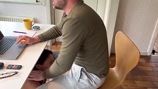 Wife Blowjob During Online Meeting - Angelina Love Gives Willie Ropes Passionate Office BJ