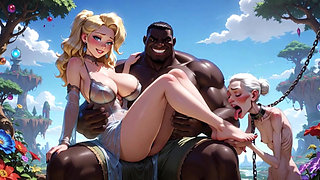 Old Granny Humiliated Licking Young Woman Feet - Sitting on Muscular Black Bull Lap