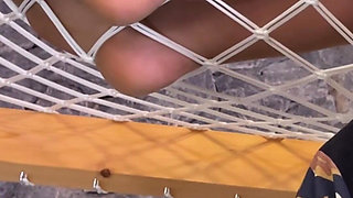 Nylon-clad Goddess in Hammock Slave Licks Through Pantyhose and Panties