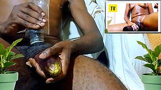 Solo masturbation with eggplant and bottle while watching hot porn video till I got CUM. Fucking as if it was real Pussy!