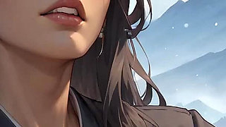 A Seductress Lies Sensually on Snow at a Japanese Shrine, Milk Spewing Out Down Her Body Against the Backdrop of Mount Fuji, Cherry Blossoms, and Torii Gates