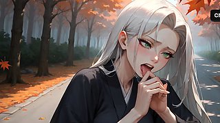 Autumn road's sensual ride, white-haired pornographic star