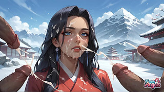 A Seductress Lies Sensually on Snow at a Japanese Shrine, Milk Spewing Out Down Her Body Against the Backdrop of Mount Fuji, Cherry Blossoms, and Torii Gates