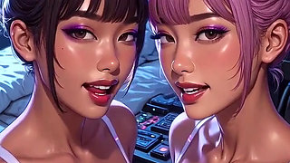 Cyberpunk Lesbians Tongue and Kiss Fetish, Ai Animation