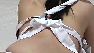 Nude Miniskirt Maid Apron Costume, Long Legs, Wedgie Thong Panties, Knee-high Stockings, Cute Japanese Sexy Fitness in Apartment