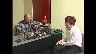 Office Blowjob: Redhead Granny Sucks Massive Cock Then Rides Hard