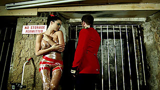 Famous French pornstar slut tied up and fucked wrapped in nylon