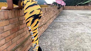 Yoga Pants Latina Gives a Handjob and Blowjob