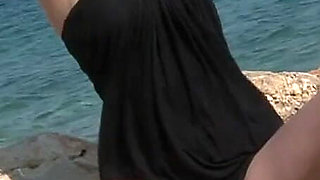 Skinny Brunette Babe Strips Naked on Beach and Fingers to Orgasm