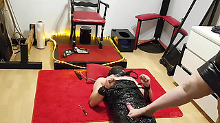 Brunette MILF Dominatrix Tramples Bound Slave's Cock