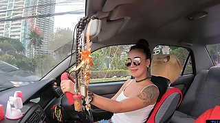 Thick Thai babe with massive melons gives epic BJ in public, watched by aroused duo