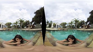 Amazing busty brunette slut doing blowjob outdoor