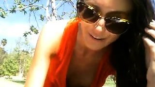 Small titted brunette Sharron with glasses masturbates
