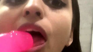 Hot daughter hides from her parents and Sucks a Dildo