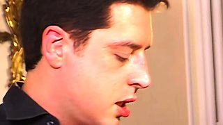 Amateur blowjob by busty brunette in black bra panties