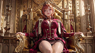 Red Queen on the Golden Throne! Deep velvet gown, lazy chin rest, and a gaze that locks onto you.