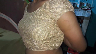 Indian Golden Blouse Bhabhi Get Naked for Blowjob Sucking Big Dick Till Cum in Her Mouth