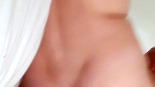 Small tit brunette gives a nice hard blowjob and fuck