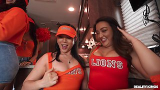 Crazy College GFs: Horny Cheerleaders Traveling Fan Fuck Fest with Brunette Emerald Loves - Threesome Orgy