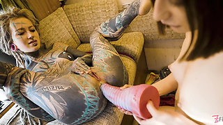 Roadtrip Tattooed Girl Fucks a Girl Anal with a Big Toys in Vintage Talbot Express