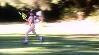 Two horny lesbians with big boobs masturbating under shower