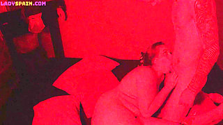 Busty Curvy Girl Tied up Gets Fucked Standing up at a Swingers Club. She Sucks Two Cocks at Once From Strangers