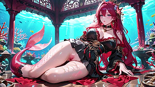 Red-haired Mermaid in Black Gown! Kneeling by the Pool, Lips & Mesmerizing Eyes.