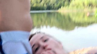 Big-Titted Babe Blows a Nerd on the Beach