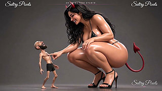 Giant She-devil Strips Topless for Her Tiny Bearded Man - He Kisses Her High Heel
