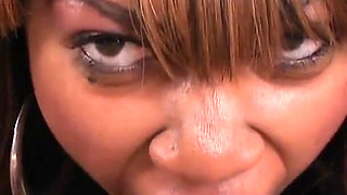 Petite ebony teen Moni Bella POV blowjob and cum swallow