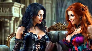 Oiled lesbians tease tongues and tits in palace luxury