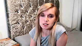 Blonde Housewife with big boobs masturbates with huge dildo