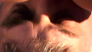 Slutty MILF deep throating hard cock in threesome outdoor