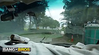 Bangbros - katee v unwraps down in the forest and rides ace’s meaty penis, finishing with cum on her glasses