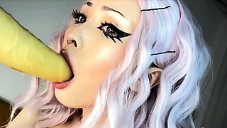 Pink-Haired Asian Babe Dances, Sucks, and Plays with Dildo