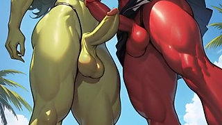 She Hulk and Ultra futanari Hulk summer Vacation public beach sex AI Generated