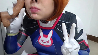 Full Version: Femboy with Dva Cosplay and BDSM Nosehook Giving a Blowjob, Eating Cum and Deepthroat to Big Dildo