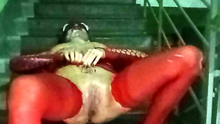 Milk enema for dirty slut on the stairs