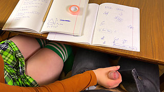 Schoolgirl Giving Him Handjob in Math Class Under the Table at College. Risky Masturbation in a Public Class.