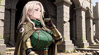 Blonde Knight's Afternoon! Green Uniform Golden Mechanical Arms, Lazily Contemplating in Ancient Stone Ruins.