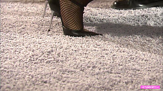 Nasty ebony in fishnets and heels is doing a good white ride on the billiard table
