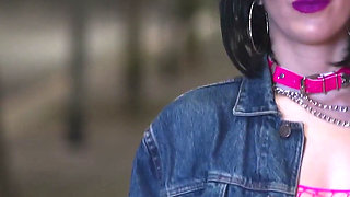 Skinny Punk Brunette in Fishnets and Glasses Dances Naked in the Streets and Sucks My Cock
