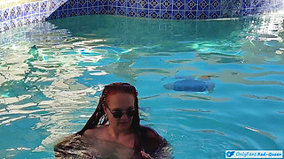 Hot Long Haired Ginger MILF Taking a Dip and Fucking in Outdoor Pool