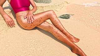 918 Gold Spandex Pantyhose and Link Swimsuit on the Beach