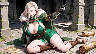 Blonde Knight's Afternoon! Green Uniform Golden Mechanical Arms, Lazily Contemplating in Ancient Stone Ruins.